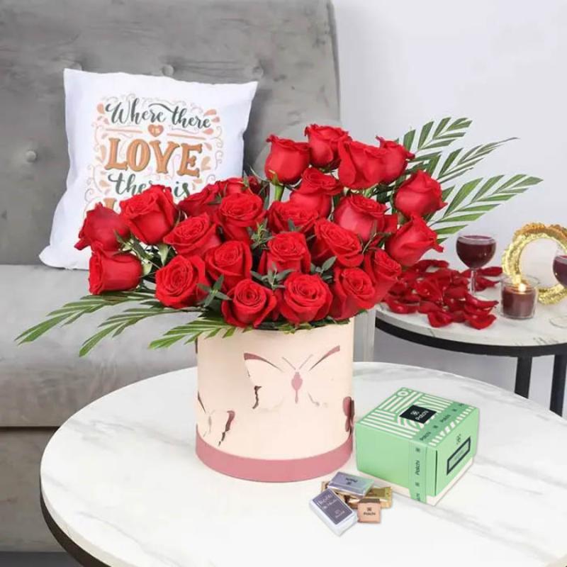 Butterfly 25 Red Roses Box and Deluxe Patchi Chocolates