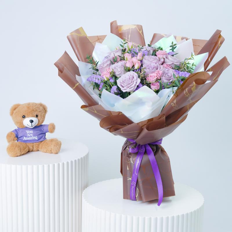 Lavender Blush Bouquet With Teddy - Gift Sets gift from Buy Any Flowers Dubai in Al Quoz Industrial Area 4, Dubai, UAE
