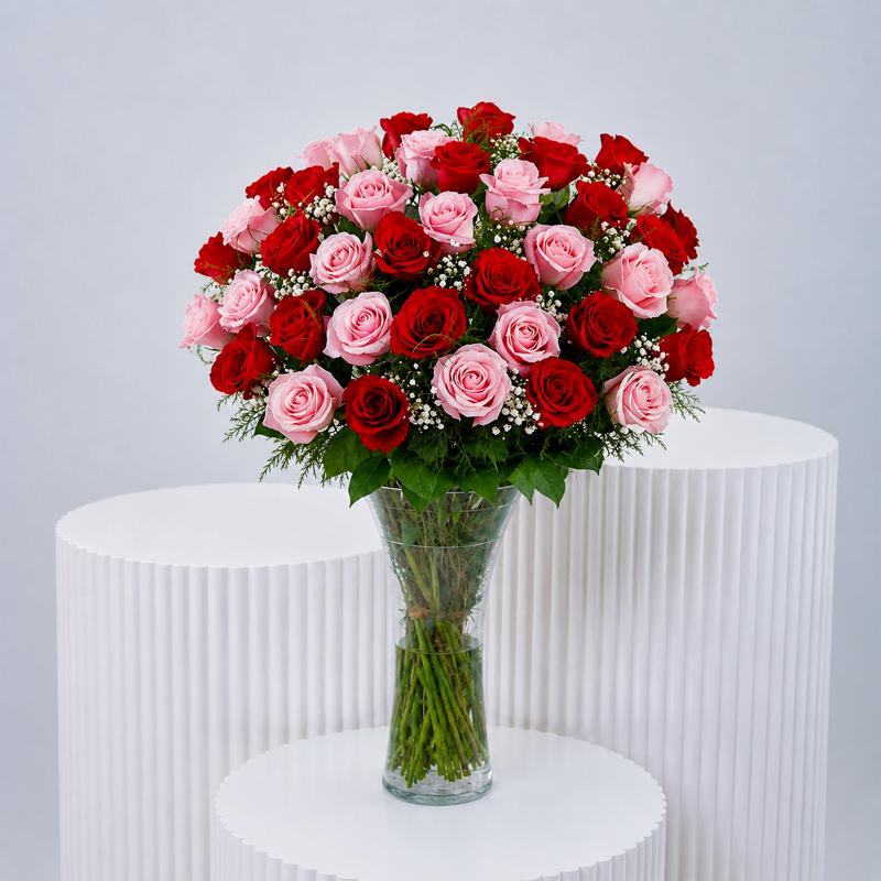 50 Elegant Red and Pink Roses In Vase - Flowers gift from Buy Any Flowers Dubai in Al Quoz Industrial Area 4, Dubai, UAE