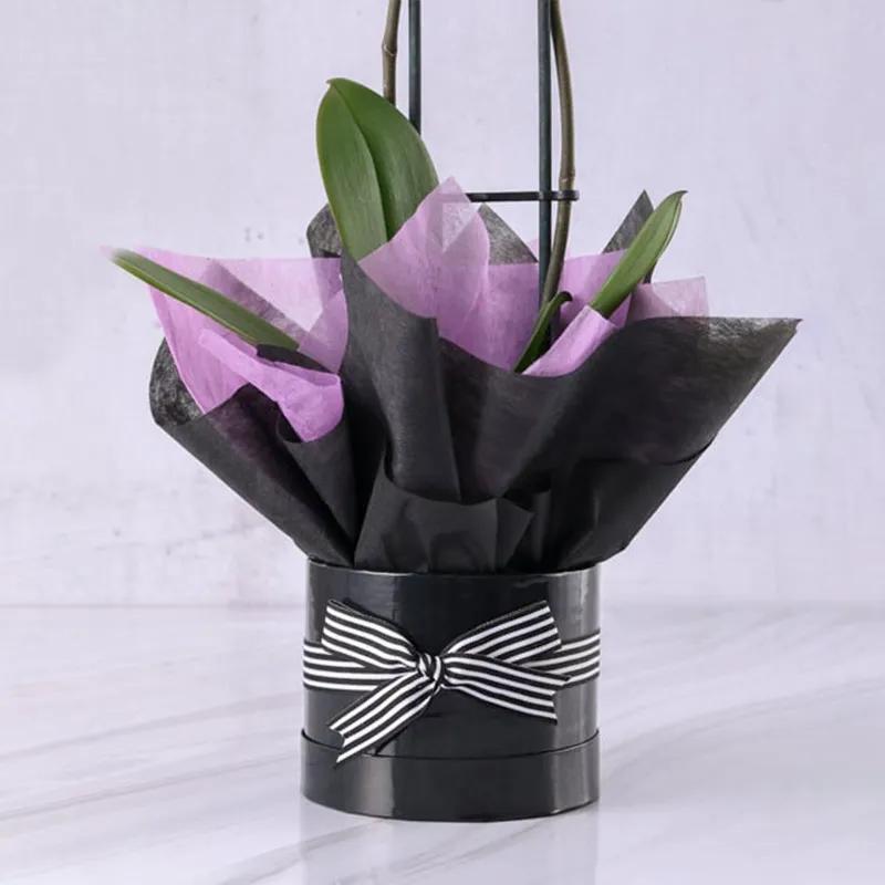 2 Stem Purple Orchid Plant in Black and Purple Wrapping thumbnail 3