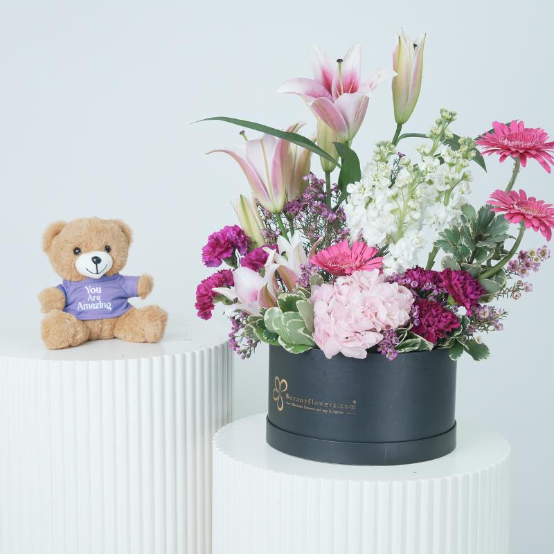 Pink Velvet Bloom Box With Teddy - Gift Sets gift from Buy Any Flowers Dubai in Al Quoz Industrial Area 4, Dubai, UAE
