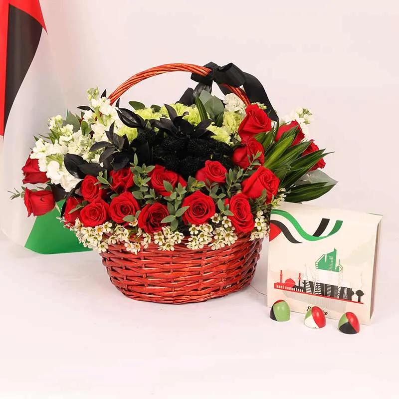 National Day Flower Basket and Sweecho Chocolates - Chocolates gift from Buy Any Flowers Dubai in Al Quoz Industrial Area 4, Dubai, UAE
