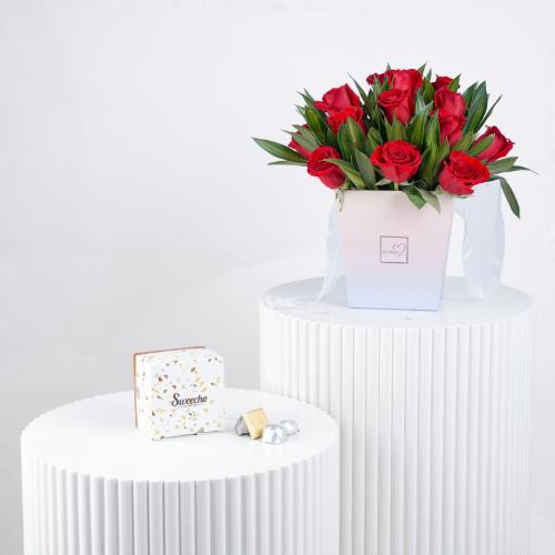 Box Of Love 21 Red Roses With Chocolate - Gift Sets gift from Buy Any Flowers Dubai in Al Quoz Industrial Area 4, Dubai, UAE
