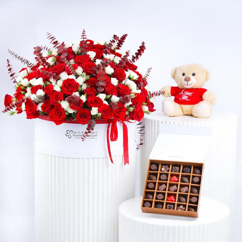Grand Romance 151 Roses in Box Trio - Gift Sets gift from Buy Any Flowers Dubai in Al Quoz Industrial Area 4, Dubai, UAE