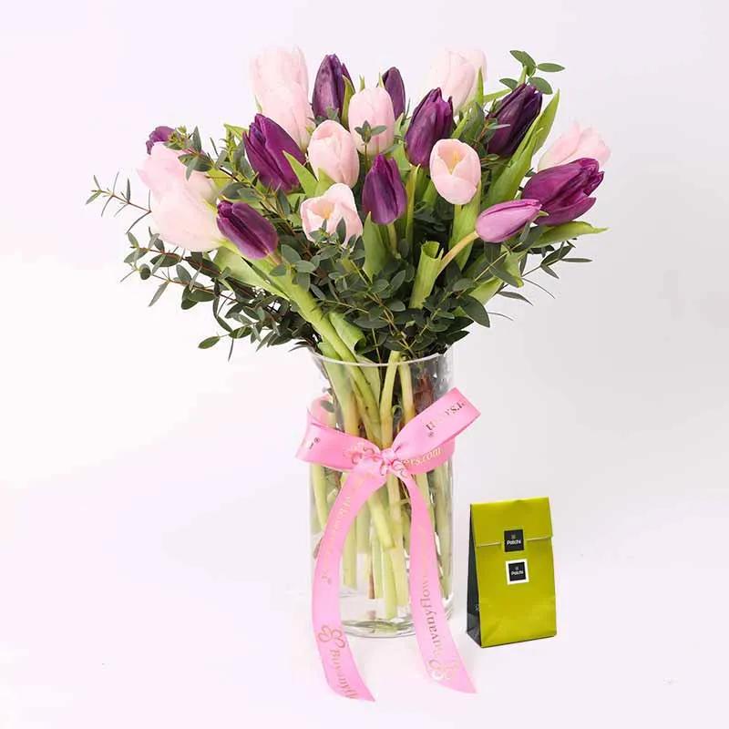 Lady Luck 19 Tulips and Deluxe Patchi Chocolates