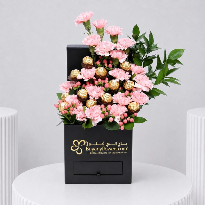 Pinky Garden Carnations and Ferrero Rocher Arrangement - Chocolates gift from Buy Any Flowers Dubai in Al Quoz Industrial Area 4, Dubai, UAE