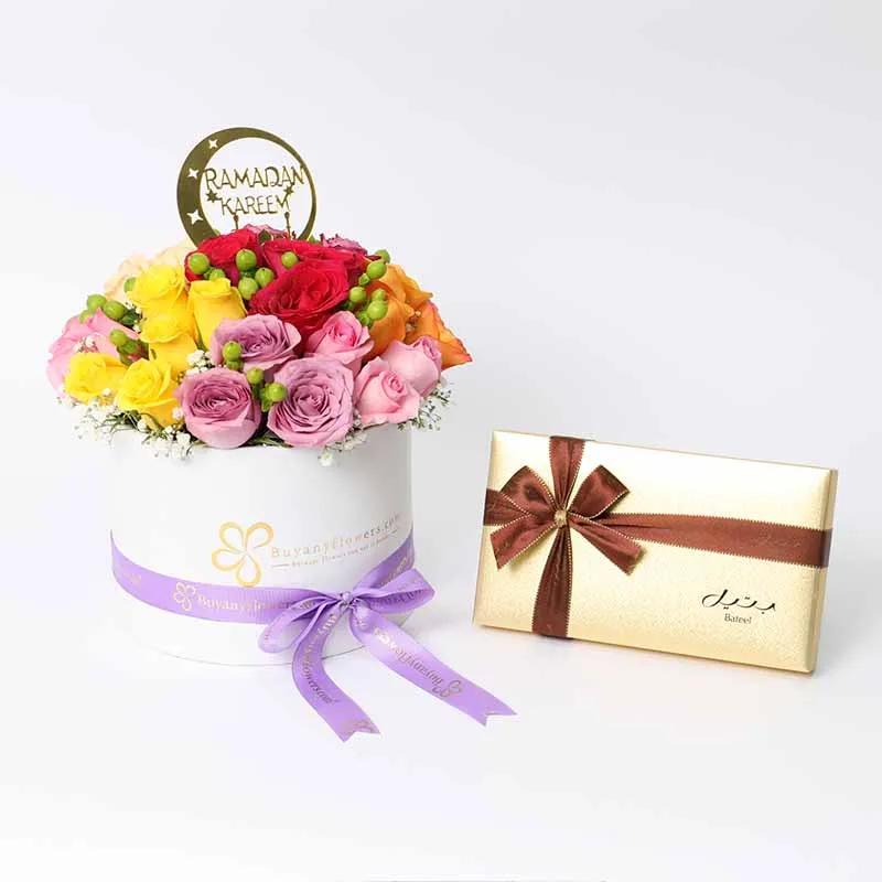 Vibrant Ramadan 21 Roses and Bateel Dates - Gift Sets gift from Buy Any Flowers Dubai in Al Quoz Industrial Area 4, Dubai, UAE
