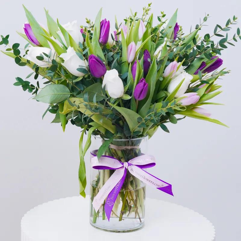 Elegant 35 Roses and Tulips Vase - Flowers gift from Buy Any Flowers Dubai in Al Quoz Industrial Area 4, Dubai, UAE