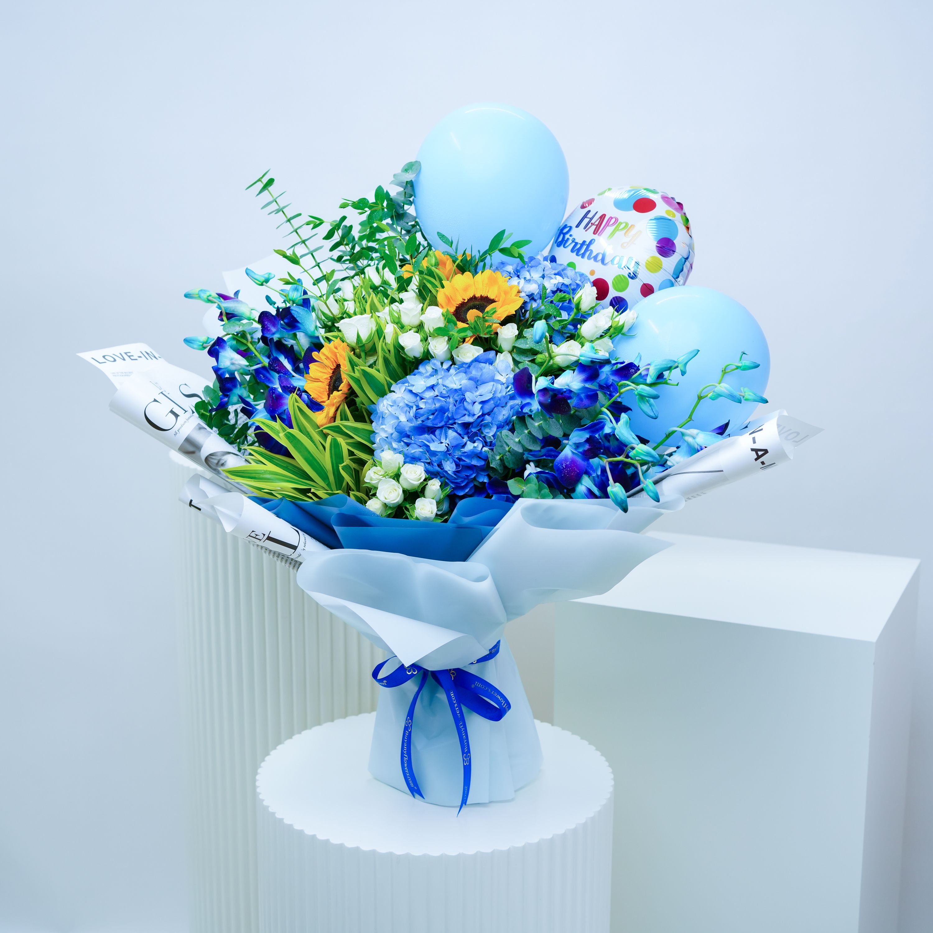 Blue Skies Flowers and Birthday Balloons Bouquet 1