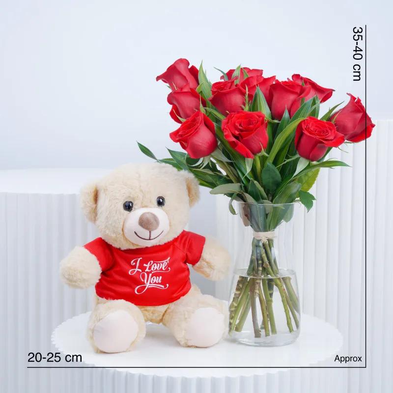 Beauty 11 Red Roses Vase With Teddy - Gift Sets gift from Buy Any Flowers Dubai in Al Quoz Industrial Area 4, Dubai, UAE - image 3