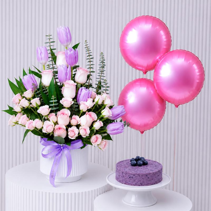 Violet Elegance with Cake and Balloons - Gift Sets gift from Buy Any Flowers Dubai in Al Quoz Industrial Area 4, Dubai, UAE