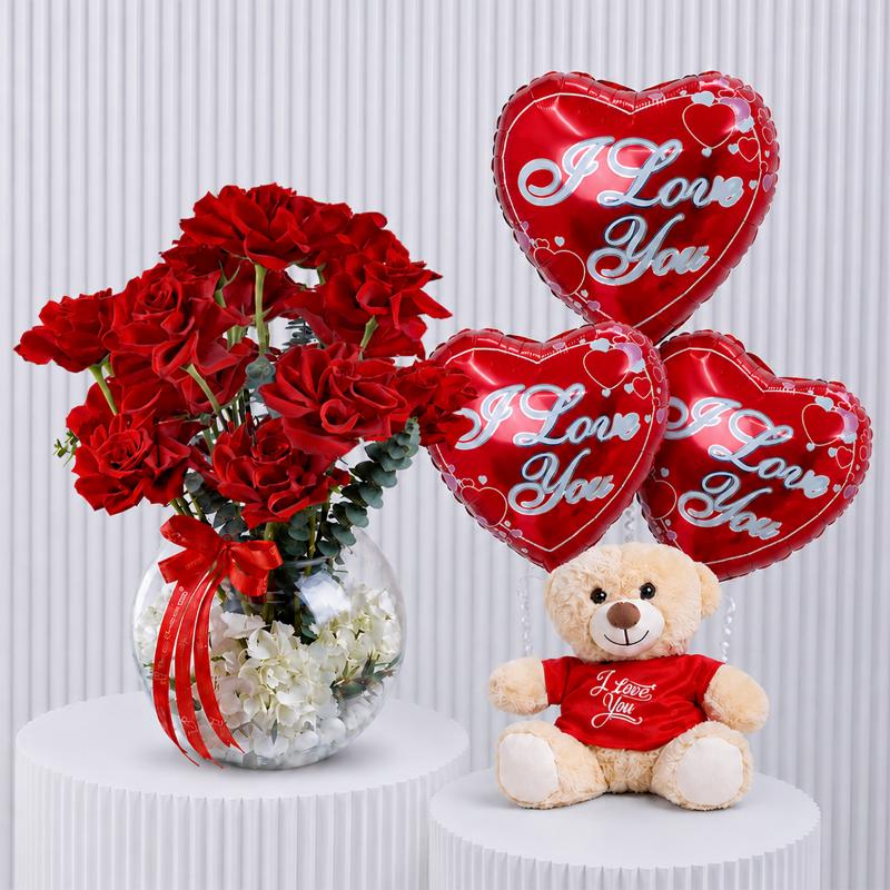Scarlet Blooms with I Love You Teddy and Balloon - Gift Sets gift from Buy Any Flowers Dubai in Al Quoz Industrial Area 4, Dubai, UAE