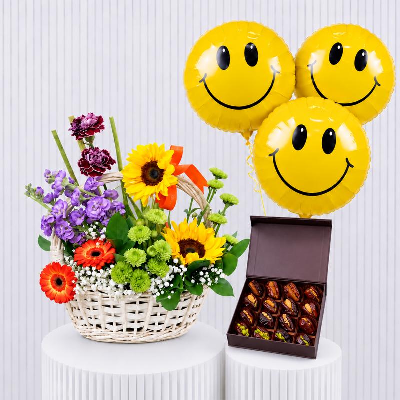 Sunny flowers with Stuffed Dates and Balloons - Gift Sets gift from Buy Any Flowers Dubai in Al Quoz Industrial Area 4, Dubai, UAE