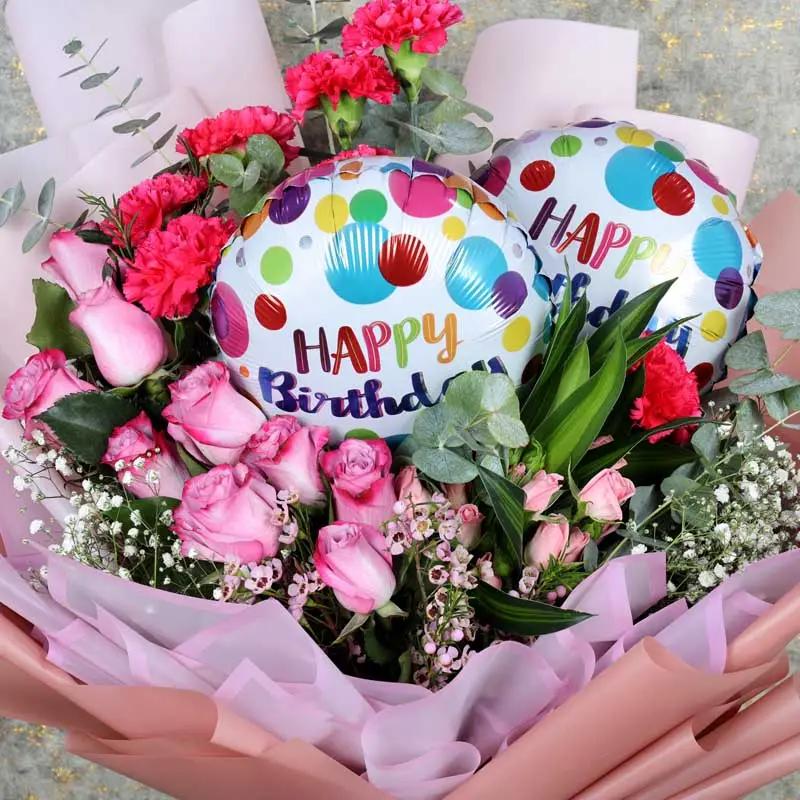 Mauve Flowers and Birthday Balloons Bouquet thumbnail 3