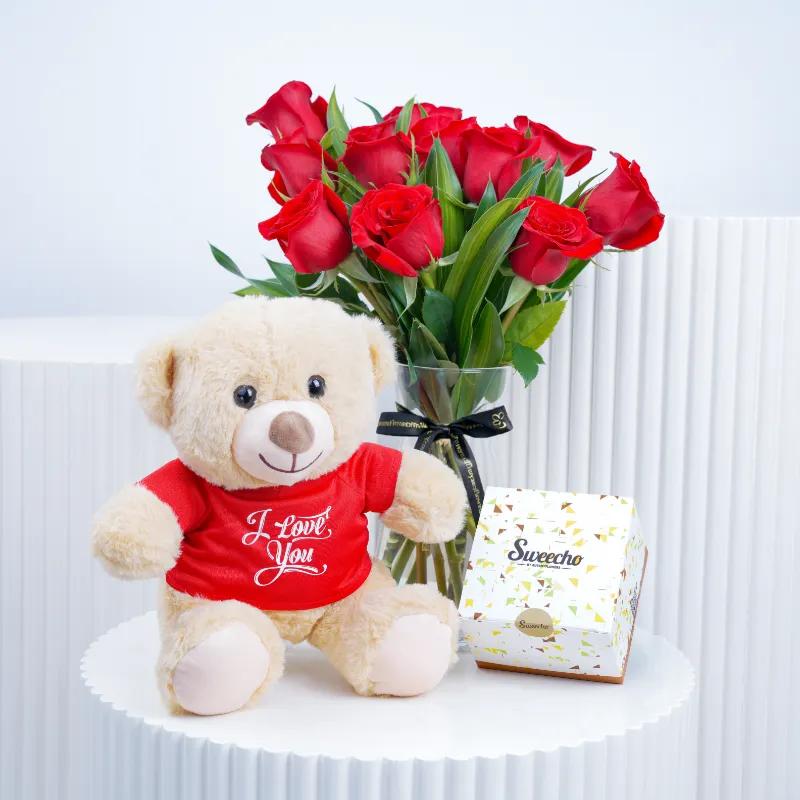 Beauty 11 Red Roses Vase with Teddy and Chocolate - Gift Sets gift from Buy Any Flowers Dubai in Al Quoz Industrial Area 4, Dubai, UAE