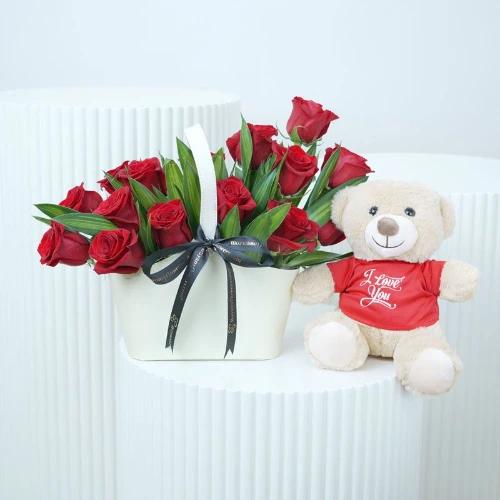 Present 15 Red Roses Box and I Love You Teddy - Gift Sets gift from Buy Any Flowers Dubai in Al Quoz Industrial Area 4, Dubai, UAE