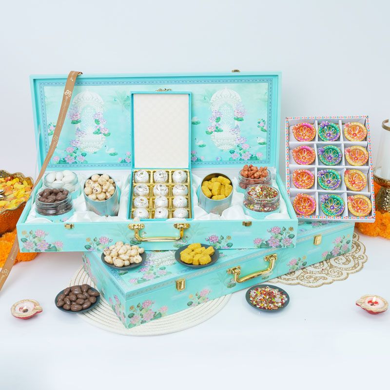 Royal Festive Gift Box with Dry Fruits, Mithai & Diyas – Elegant Blue Hamper 1