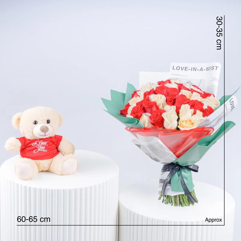 Peach Cherry 51 Roses Bouquet With Teddy - Gift Sets gift from Buy Any Flowers Dubai in Al Quoz Industrial Area 4, Dubai, UAE - image 3