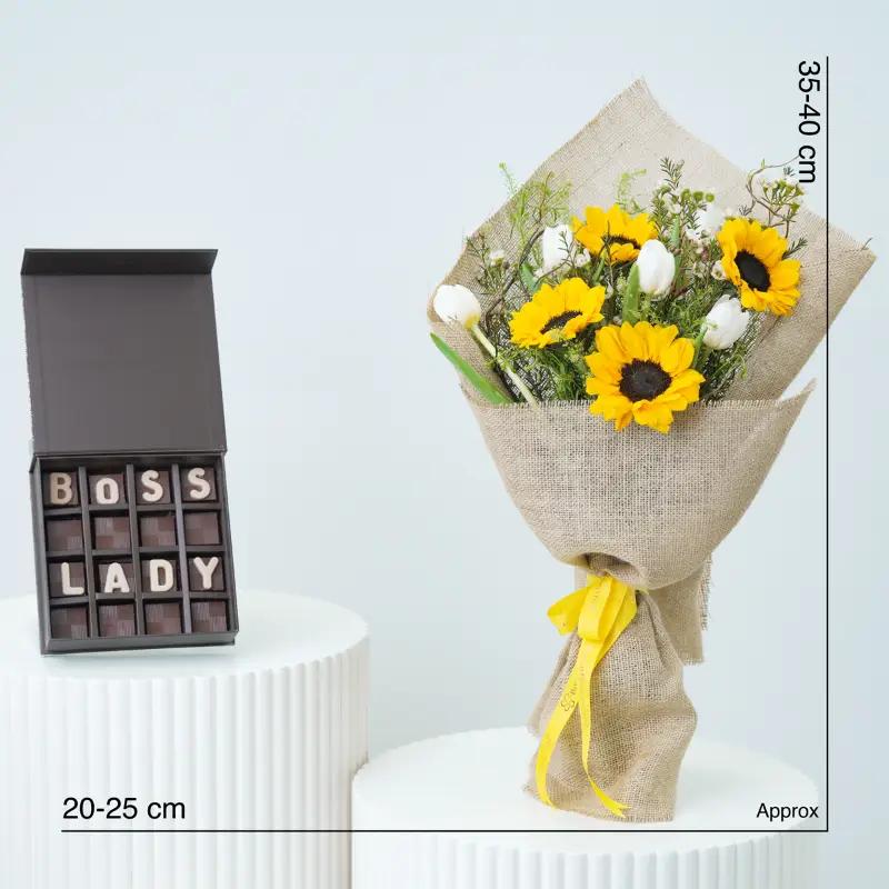 Sunshine 9 Tulip and Sunflower Bouquet With Chocolate - Gift Sets gift from Buy Any Flowers Dubai in Al Quoz Industrial Area 4, Dubai, UAE - image 3