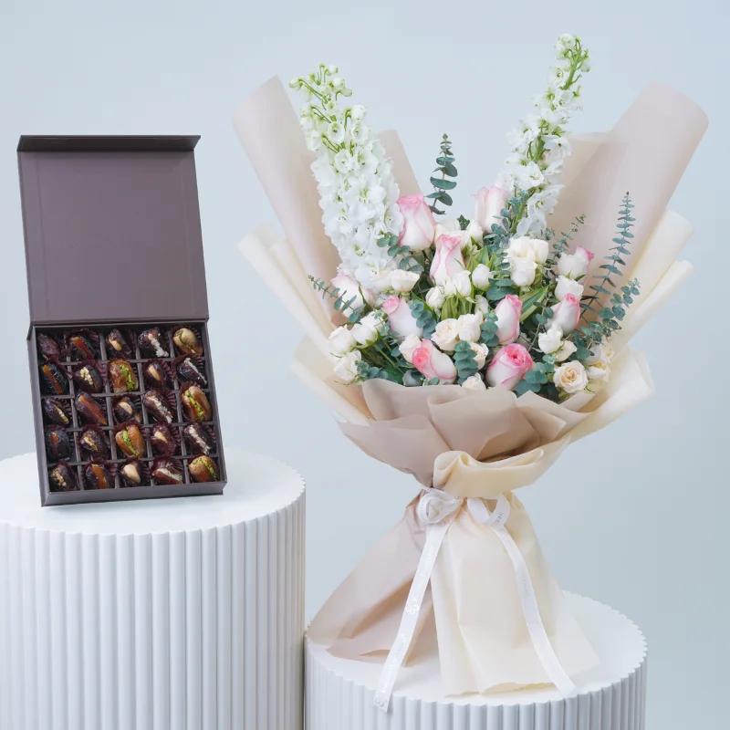 Blush Serenity Flower Bouquet With Dates - Gift Sets gift from Buy Any Flowers Dubai in Al Quoz Industrial Area 4, Dubai, UAE
