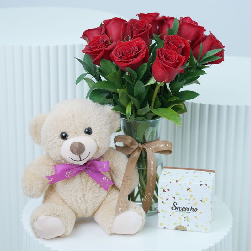 Beauty 11 Red Roses Vase with Teddy and Chocolate thumbnail 1