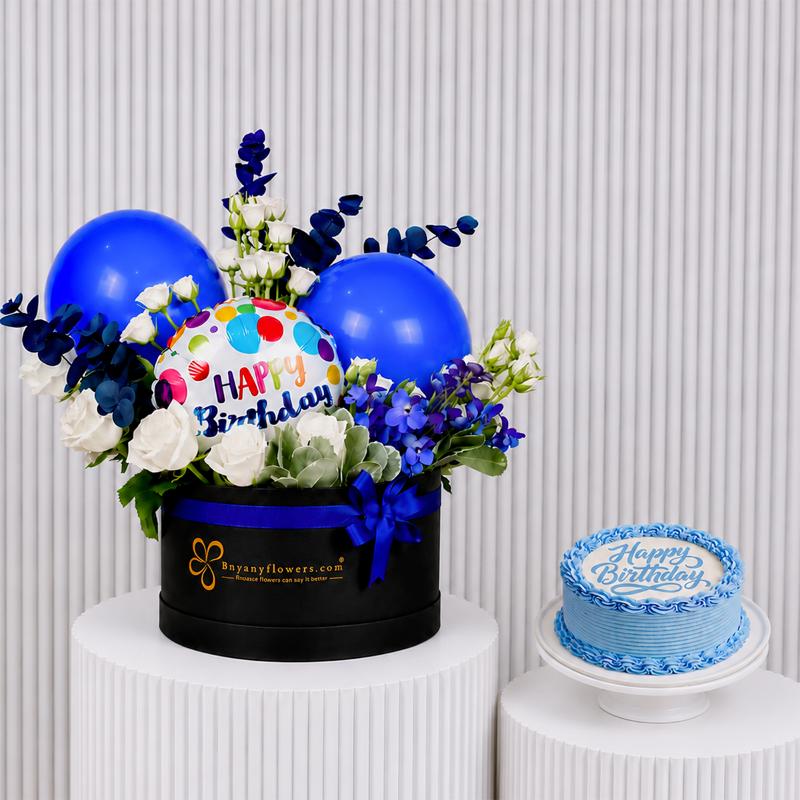 Birthday Balloon and Flower Box with Cake - Gift Sets gift from Buy Any Flowers Dubai in Al Quoz Industrial Area 4, Dubai, UAE