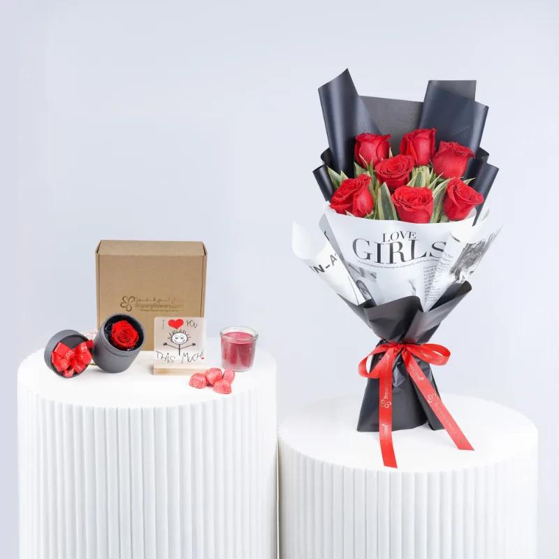 Love You Forever Gift Box and 7 Red Roses Bouquet in Dubai
