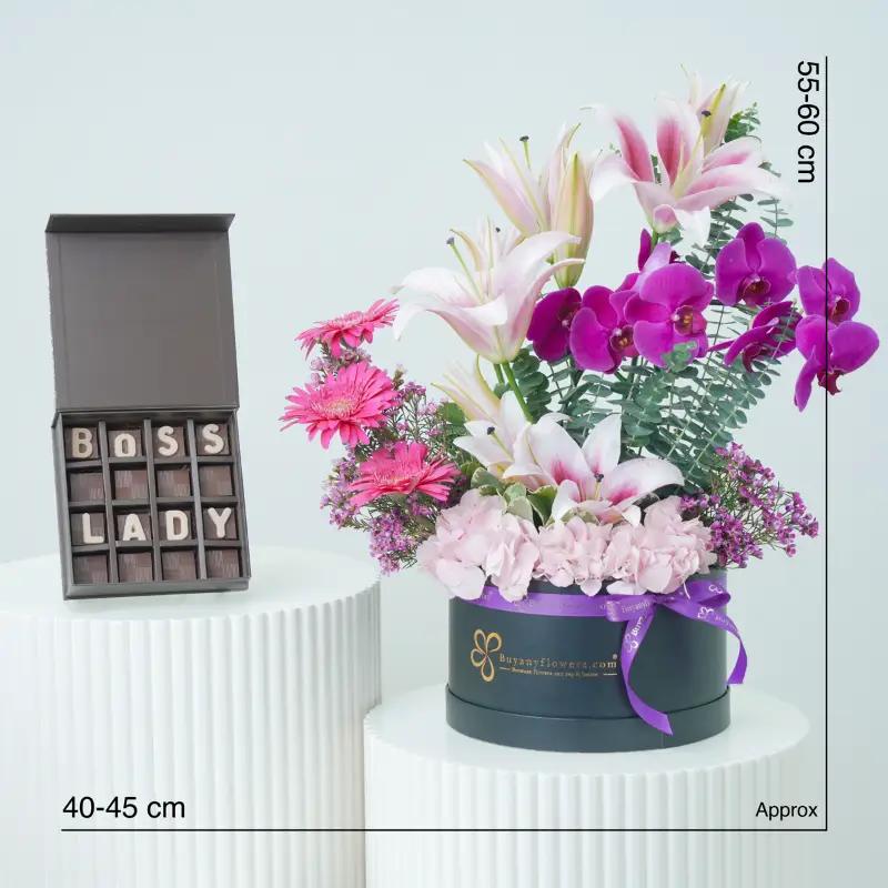Valley Flower Box With Boss Lady Chocolate - Gift Sets gift from Buy Any Flowers Dubai in Al Quoz Industrial Area 4, Dubai, UAE - image 3