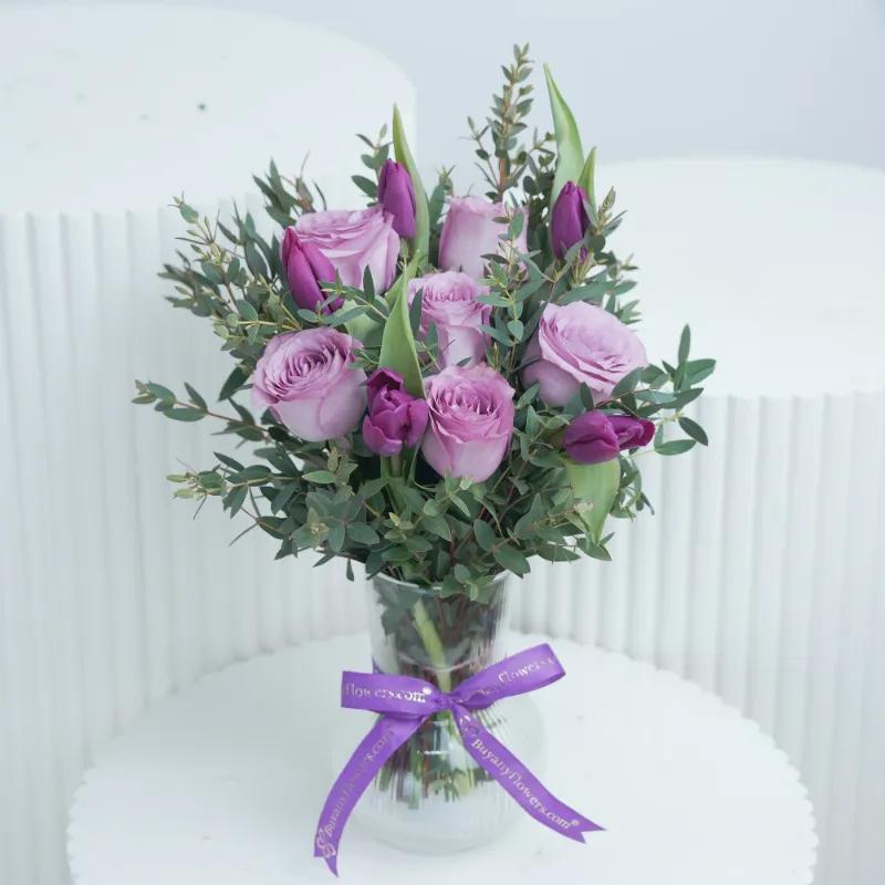 Mauve 11 Roses and Tulips in Vase - Flowers gift from Buy Any Flowers Dubai in Al Quoz Industrial Area 4, Dubai, UAE