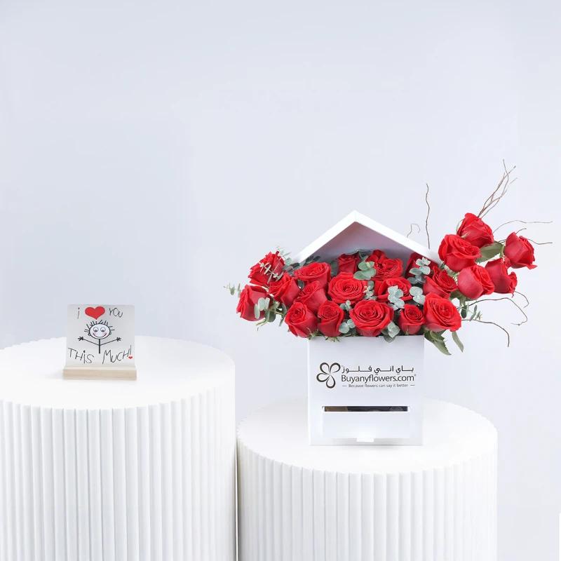 Love Box 21 Red Roses and Chocolates with Table Top - Gift Sets gift from Buy Any Flowers Dubai in Al Quoz Industrial Area 4, Dubai, UAE