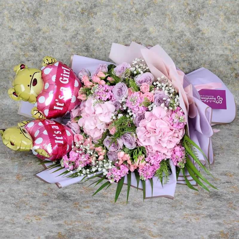 Pastel Flowers and Its a Girl Balloons Bouquet thumbnail 4