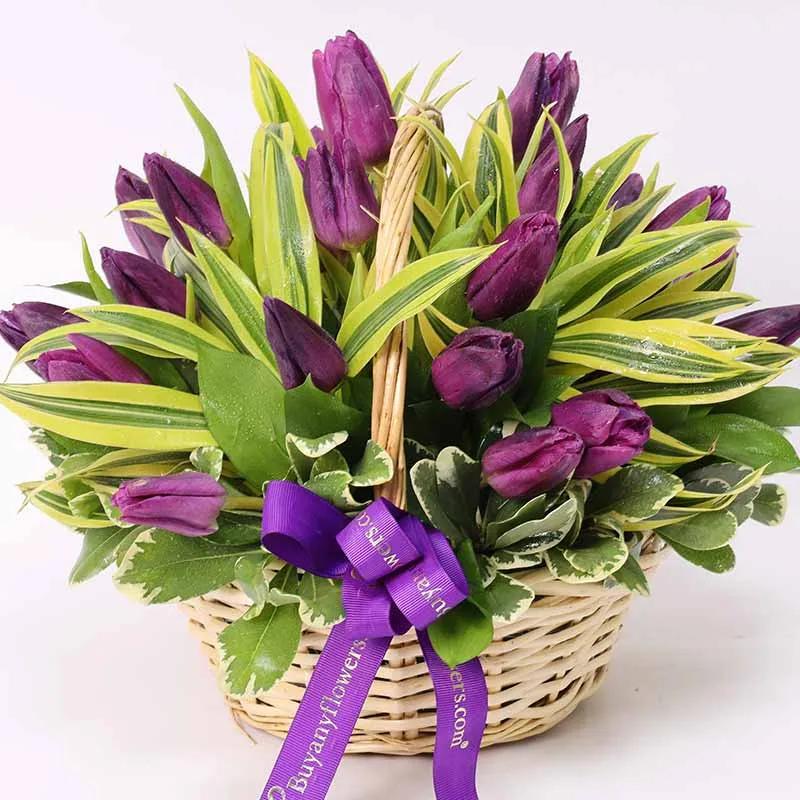 Purple Forest 25 Tulips Basket thumbnail 2