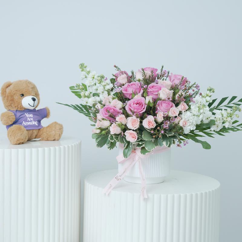 Blush Flowers in White Ceramic Pot and Teddy - Gift Sets gift from Buy Any Flowers Dubai in Al Quoz Industrial Area 4, Dubai, UAE
