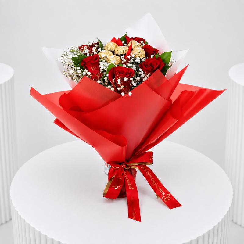 Love 7 Red Roses and Ferrero Bouquet - Chocolates gift from Buy Any Flowers Dubai in Al Quoz Industrial Area 4, Dubai, UAE
