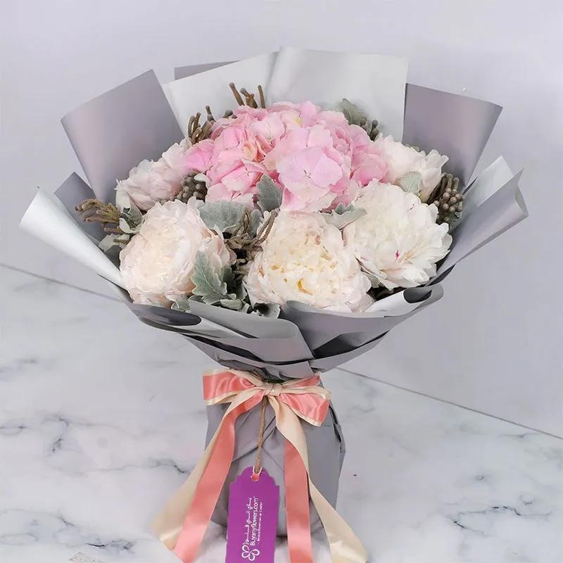 White Peonies and Pink Hydrangea Bouquet - Flowers gift from Buy Any Flowers Dubai in Al Quoz Industrial Area 4, Dubai, UAE