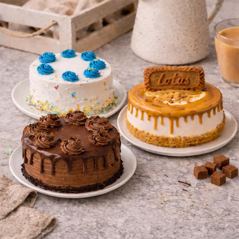 Vanilla, Chocolate & Lotus Biscoff Mono Cakes - Cakes gift from Buy Any Flowers Dubai in Al Quoz Industrial Area 4, Dubai, UAE