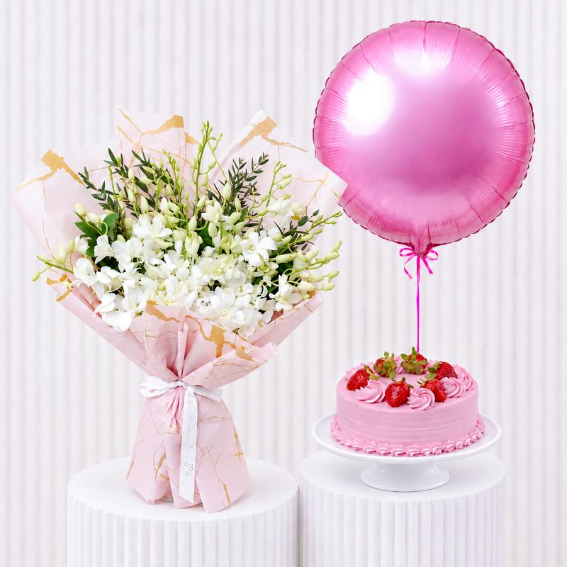 White Orchid with Cake and Balloon - Gift Sets gift from Buy Any Flowers Dubai in Al Quoz Industrial Area 4, Dubai, UAE