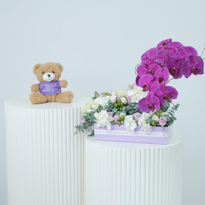 Pastel Flower in Purple Tray With Teddy - Gift Sets gift from Buy Any Flowers Dubai in Al Quoz Industrial Area 4, Dubai, UAE