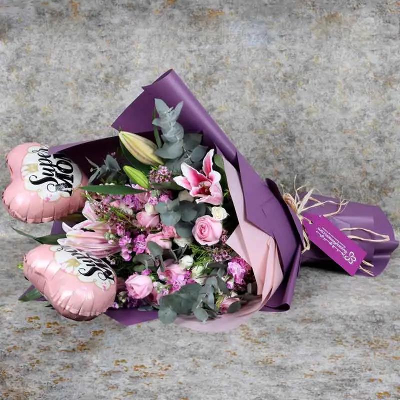 Flowers and Super Mom Balloons Bouquet thumbnail 4