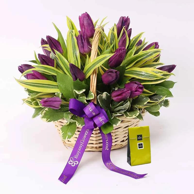 Purple Forest 25 Tulips Basket and Deluxe Patchi Chocolates - Gift Sets gift from Buy Any Flowers Dubai in Al Quoz Industrial Area 4, Dubai, UAE