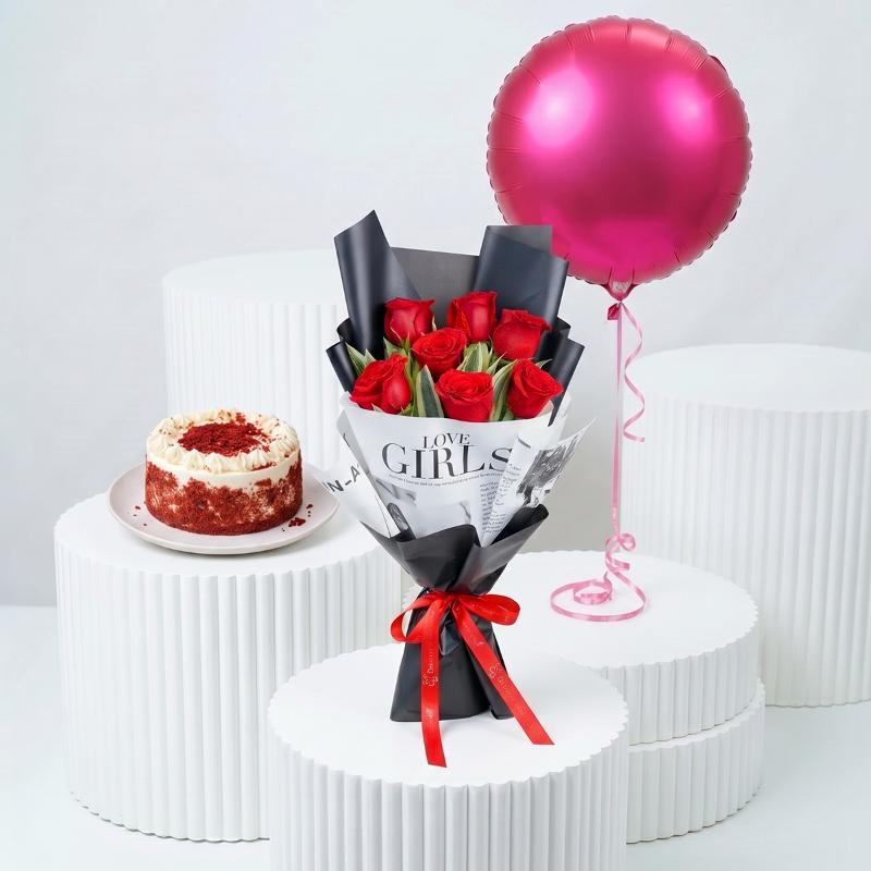 Beauty 7 Roses with Cake and Balloon - Gift Sets gift from Buy Any Flowers Dubai in Al Quoz Industrial Area 4, Dubai, UAE