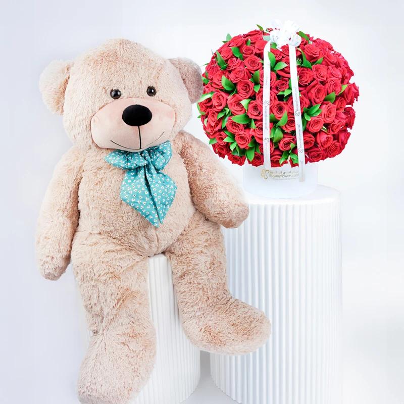 Blush 151 Red Roses Box With Jumbo Teddy - Gift Sets gift from Buy Any Flowers Dubai in Al Quoz Industrial Area 4, Dubai, UAE
