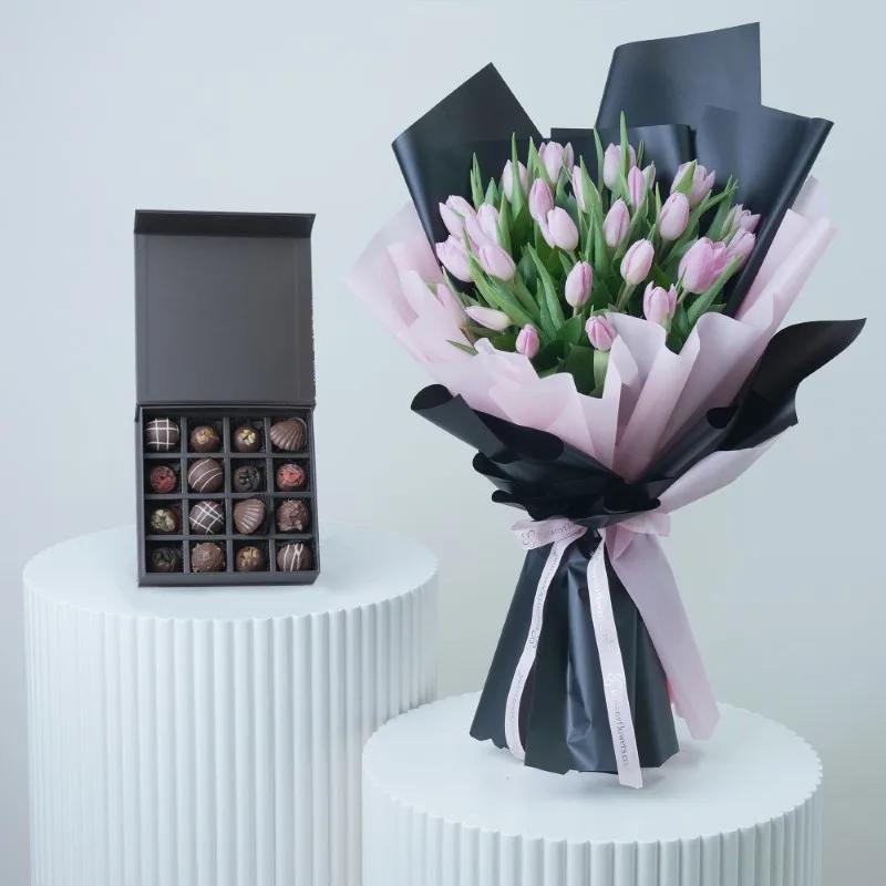 Dark Beauty 25 Tulips Bouquet With Chocolate in Dubai
