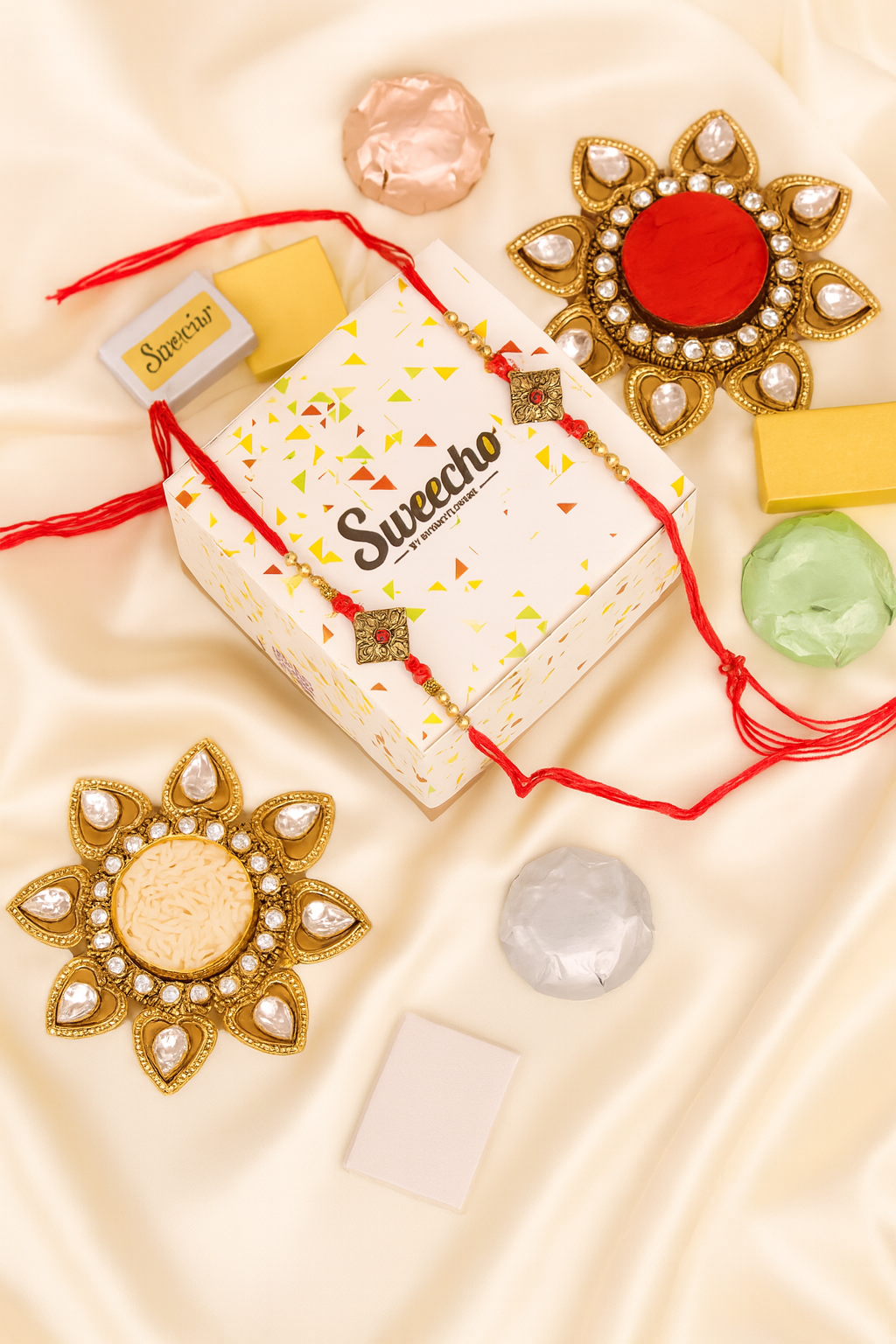 Kundan Rakhi and Assorted Chocolates 250gm Set of 2 thumbnail 1