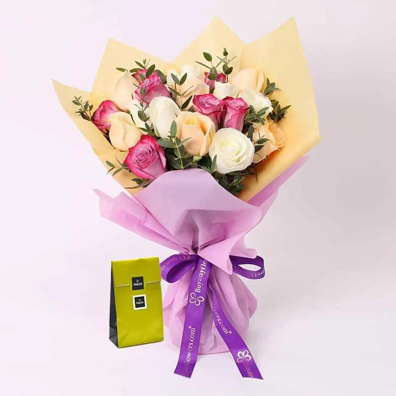Graceful 21 Roses Bouquet and Deluxe Patchi Chocolates in Dubai