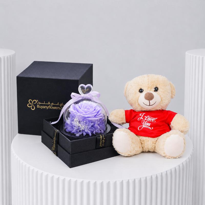 Designer Purple Preserved Rose and I Love You Teddy - Flowers gift from Buy Any Flowers Dubai in Al Quoz Industrial Area 4, Dubai, UAE