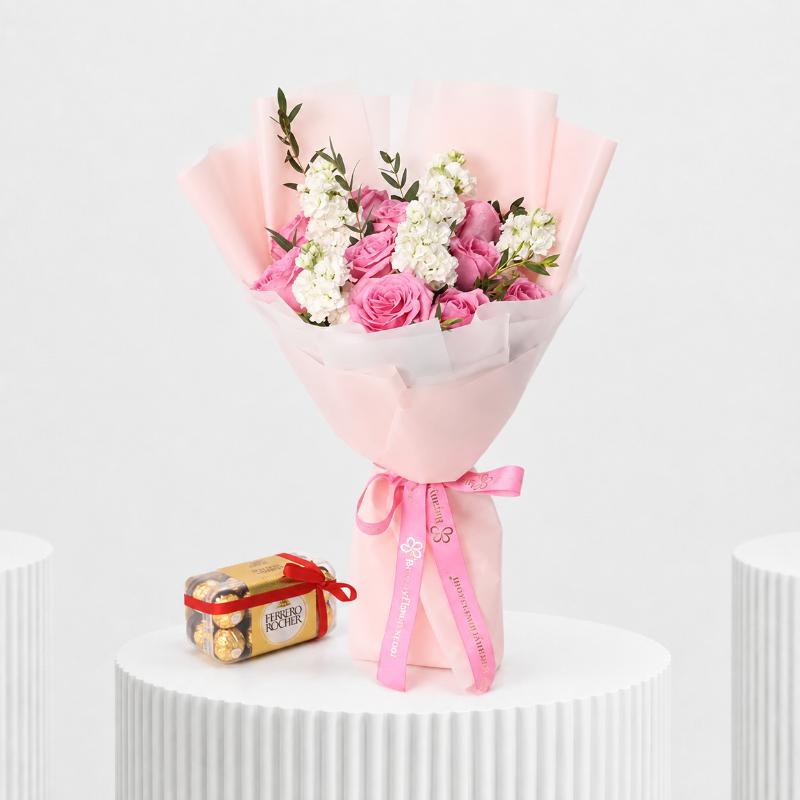 Tender Charm Roses and Stocks Bouquet with Ferrero Rocher - Gift Sets gift from Buy Any Flowers Dubai in Al Quoz Industrial Area 4, Dubai, UAE