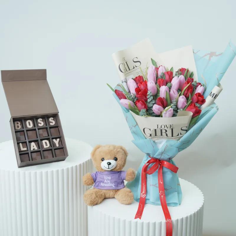 Mysterious 25 Red and Pink Tulips Bouquet Trio - Gift Sets gift from Buy Any Flowers Dubai in Al Quoz Industrial Area 4, Dubai, UAE