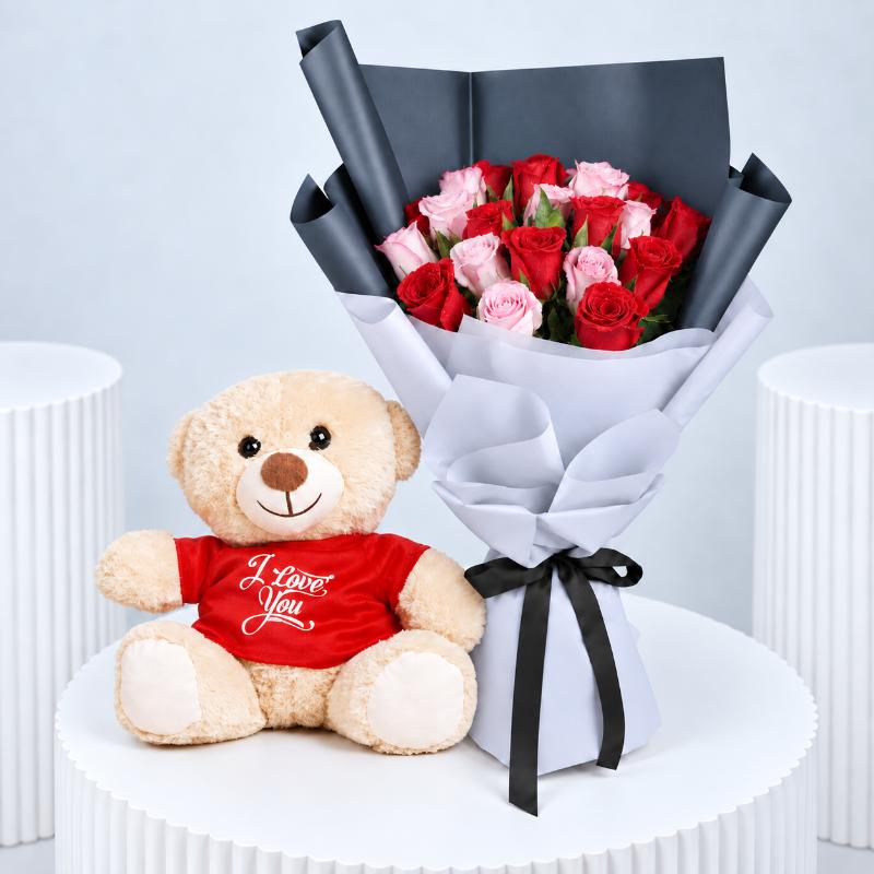 My Queen 21 Roses Bouquet and I Love You Teddy - Gift Sets gift from Buy Any Flowers Dubai in Al Quoz Industrial Area 4, Dubai, UAE