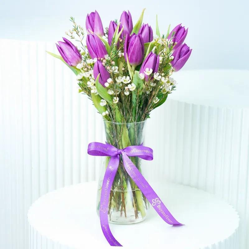 11 Purple Tulip Glass Vase - Flowers gift from Buy Any Flowers Dubai in Al Quoz Industrial Area 4, Dubai, UAE